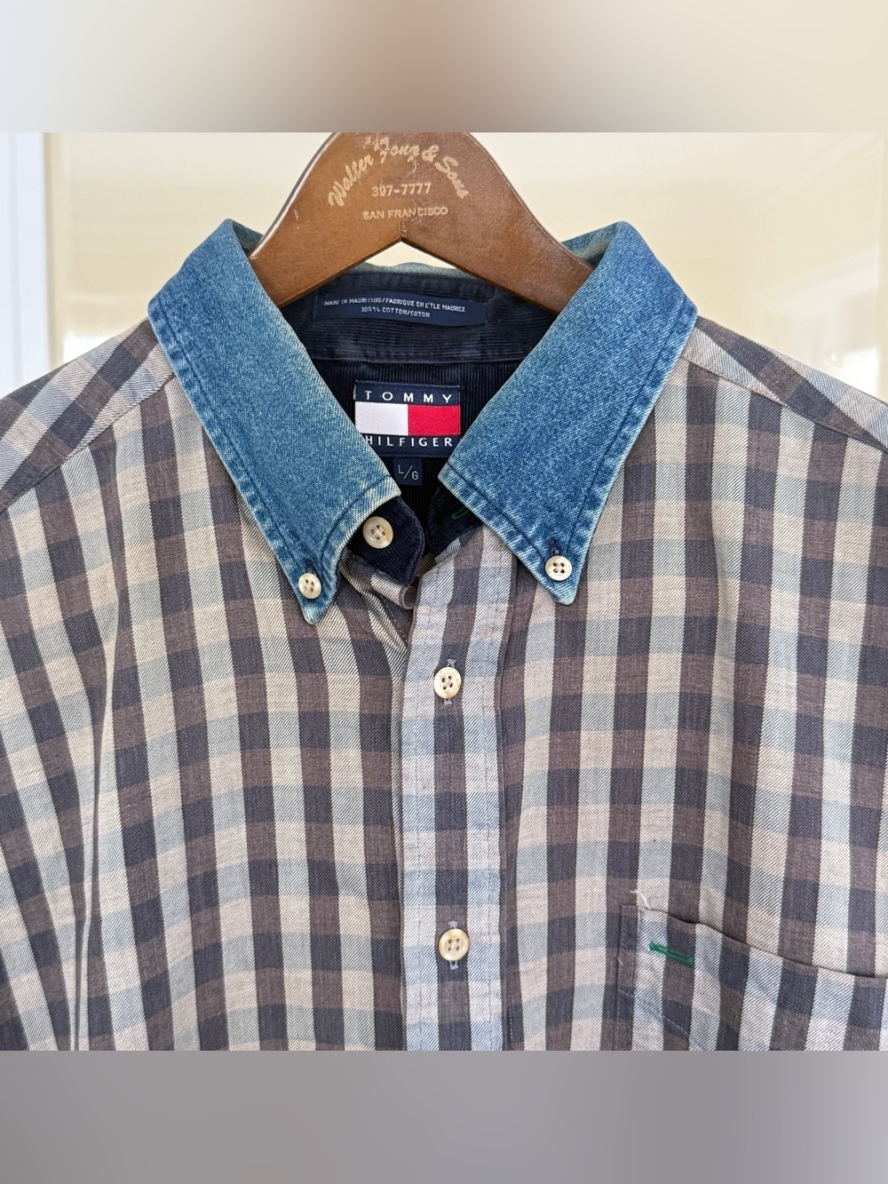 Vintage 90s Tommy Hilfiger Denim Collar Check Button Down Shirt L 24x30.5